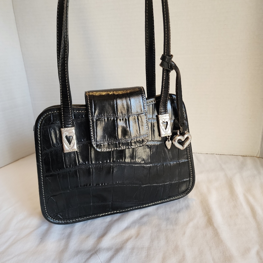 Brighton black croc embossed leather 2 strap shoulder bag